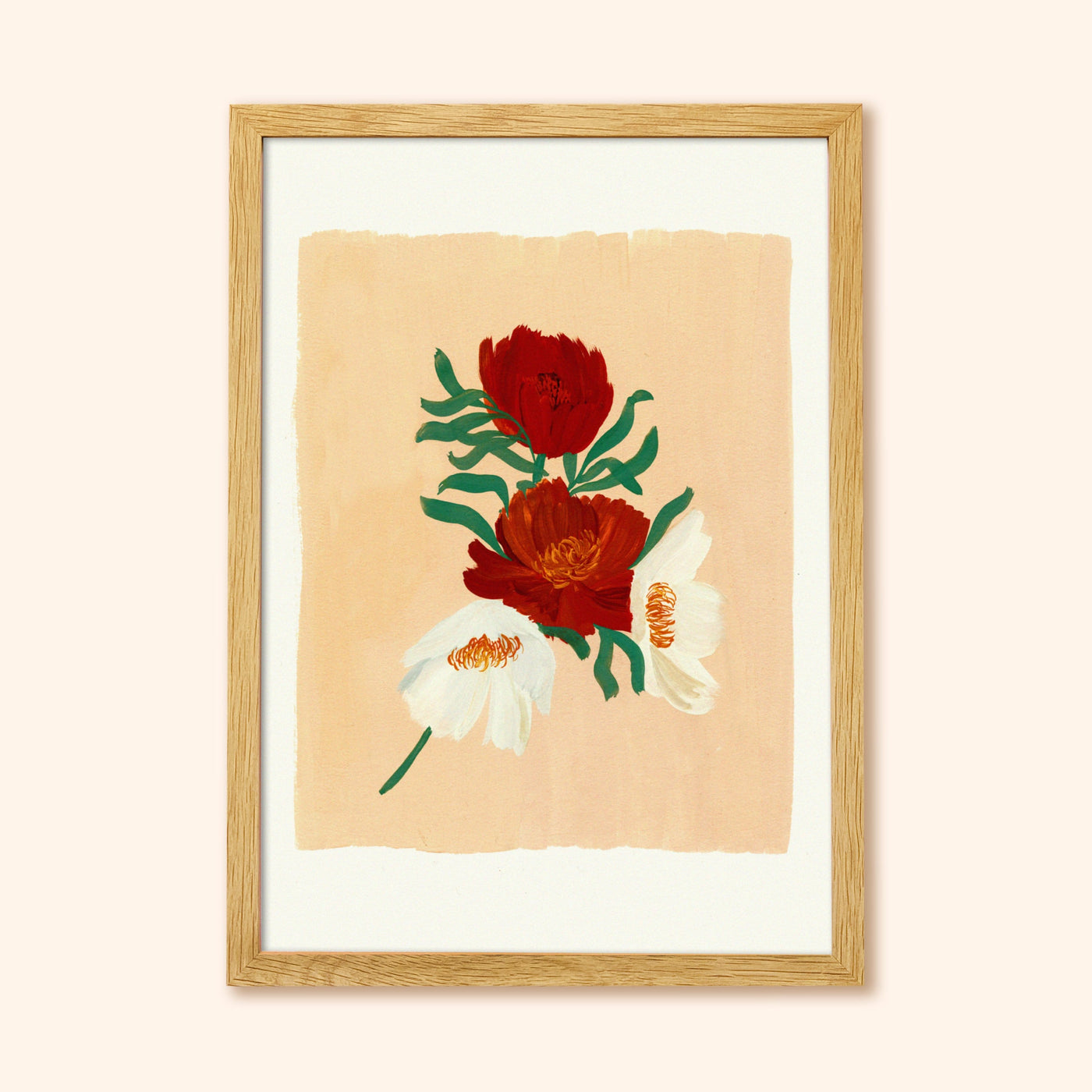 A3 Floral Print With Red and White Cosmos Flowers In An Oak Frame -  Annie Dornan-Smith