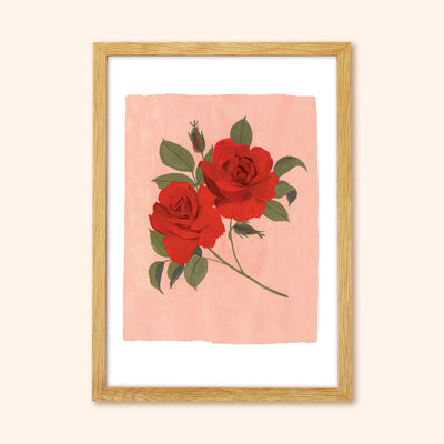 A Botanical Floral Print Of A Pair Of Red Roses On A Pink Background In An Oak Frame - Annie Dornan Smith