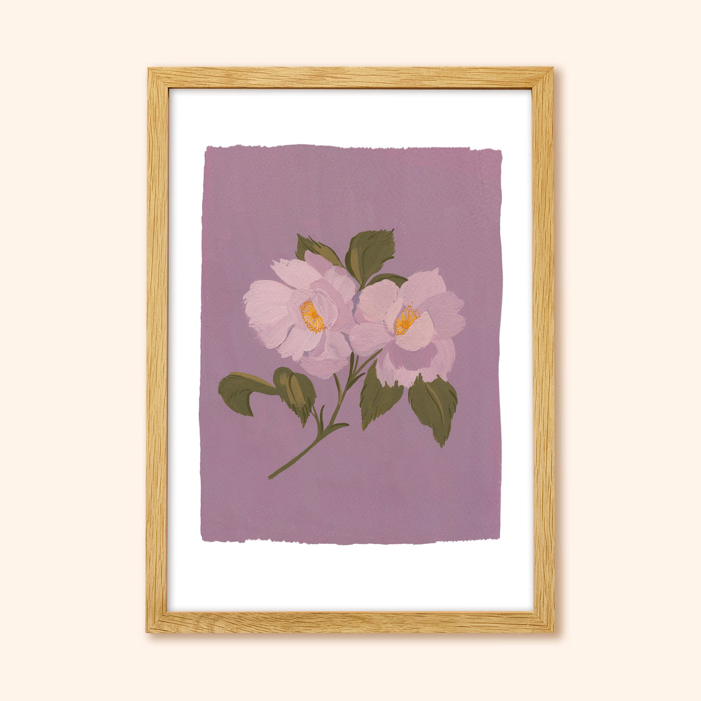 An illustrated floral print of purple roses in a light-coloured wooden frame