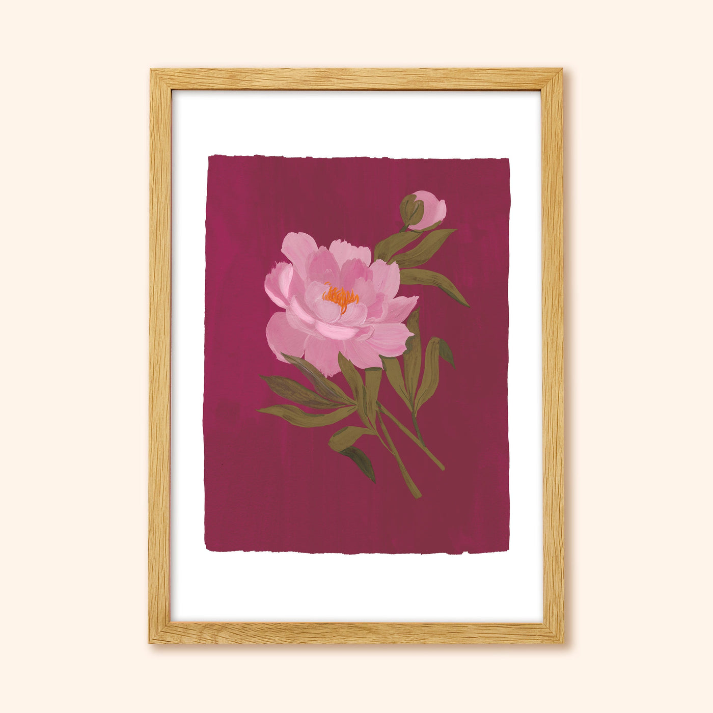 A Botanical Print Of A Pink Peony On A Burgundy Pink Background In A Light Oak Frame - Annie Dornan Smith