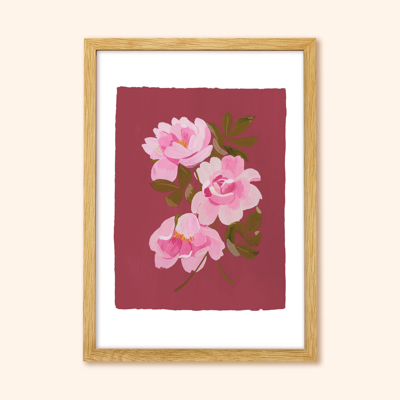 A Botanical Floral Print Of Three Pink Tea Roses On A Deep Pink Background In An Oak Frame - Annie Dornan Smith