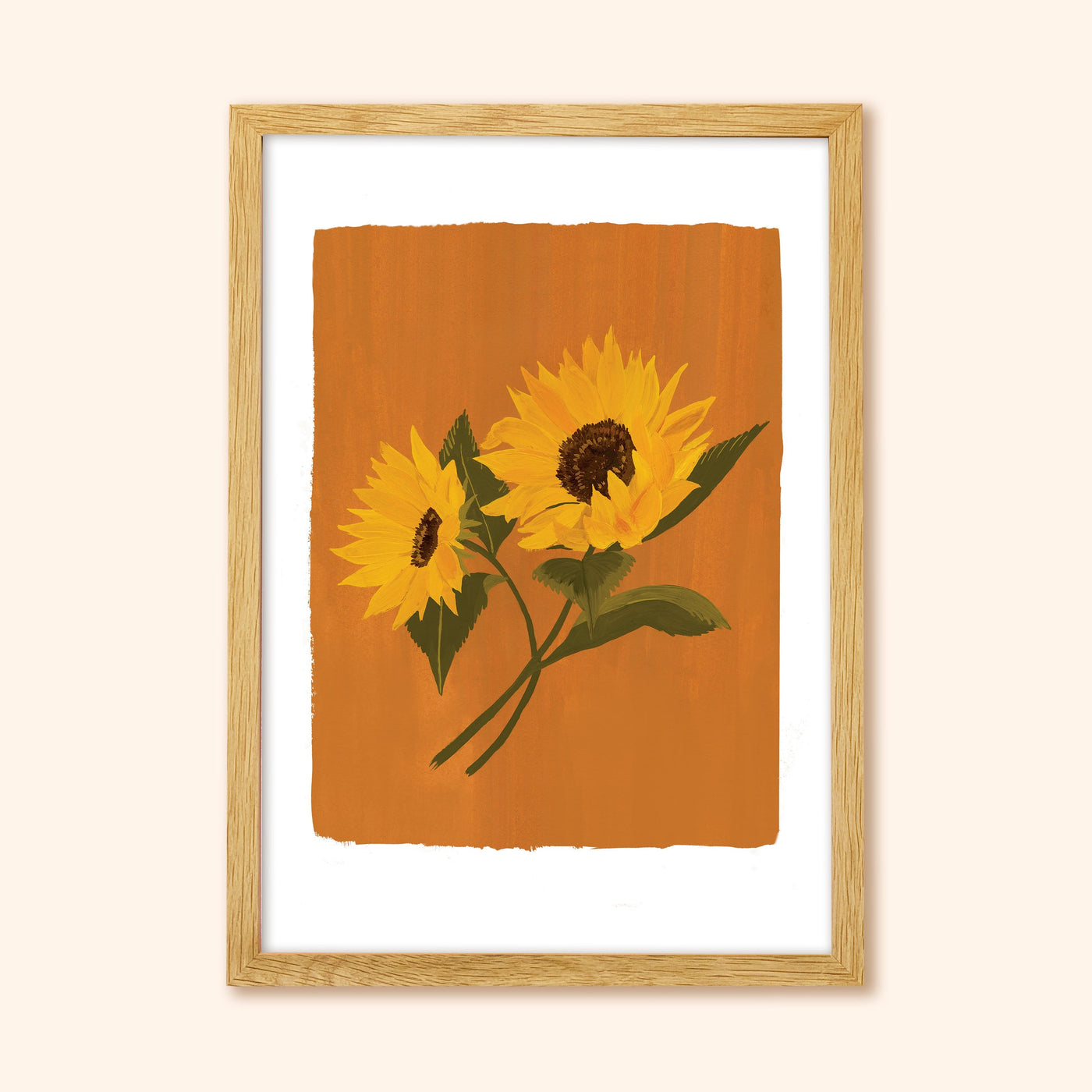 A Botanical Print Of Two Sunflowers On A Burnt Orange Background In A Light Oak Frame - Annie Dornan Smith