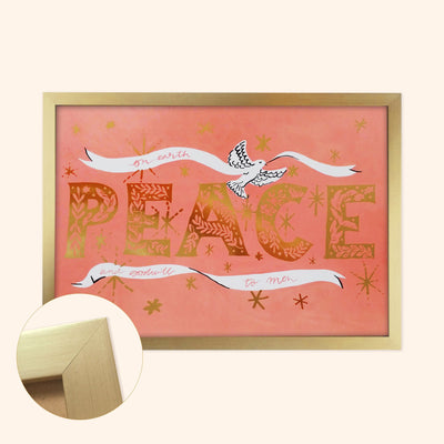 pink "peace" foiled christmas print in a gold frame