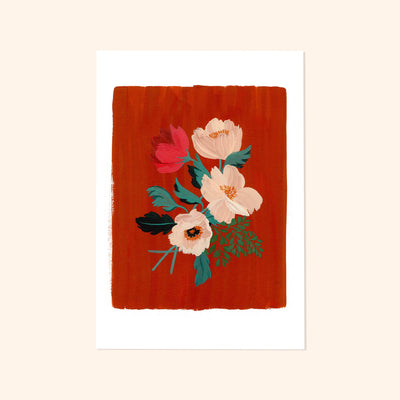 Red Floral Botanical Art Print With A Spray of Anemone Flowers On A Deep Red Background - Annie Dornan Smith