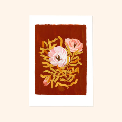 Brown Floral Botanical Art Print With English Tea Roses - Annie Dornan Smith