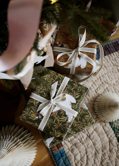 two matching designs of christmas bird pattern wrapping paper - green and umber