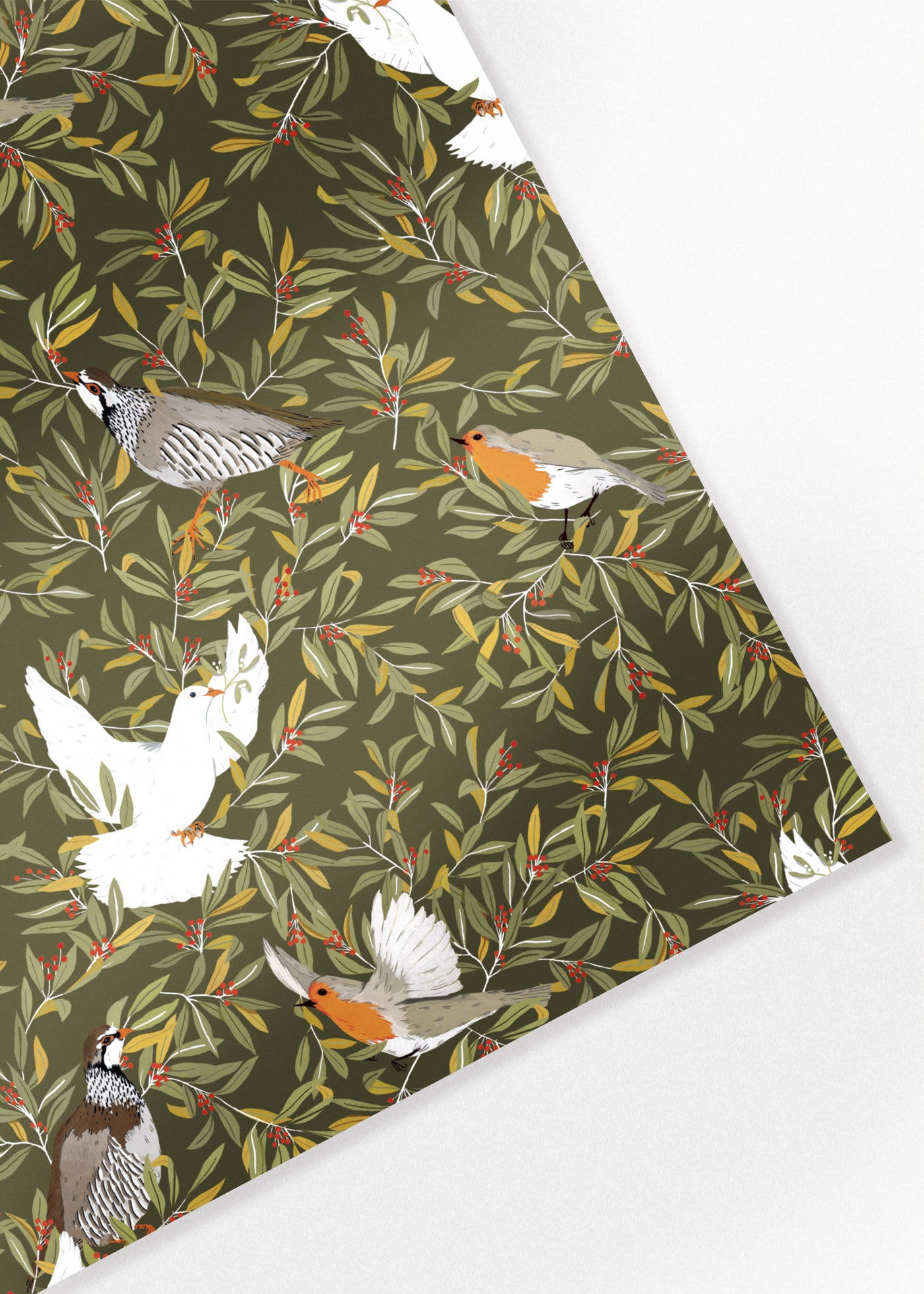 dark green bird patterned sustainable christmas wrapping paper