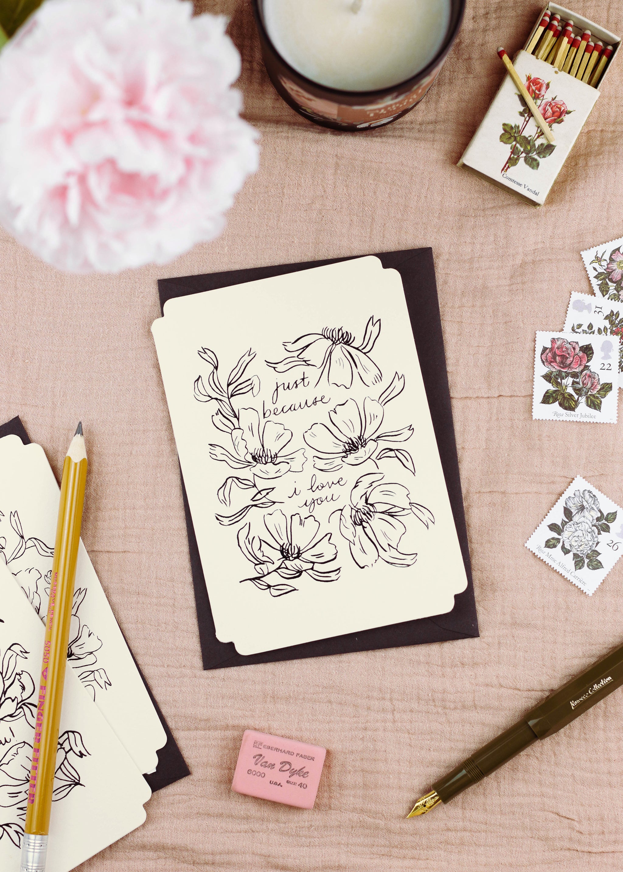 A floral "just because" card, styled with black envlope and writing implements.  - Annie Dornan Smith
