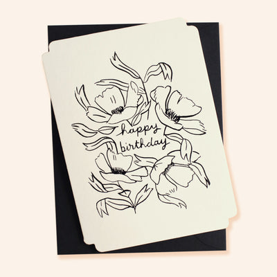 Black Floral Line Art Work A6 White Card With The Words Happy Birthday With A Black Envelope - Annie Dornan Smith