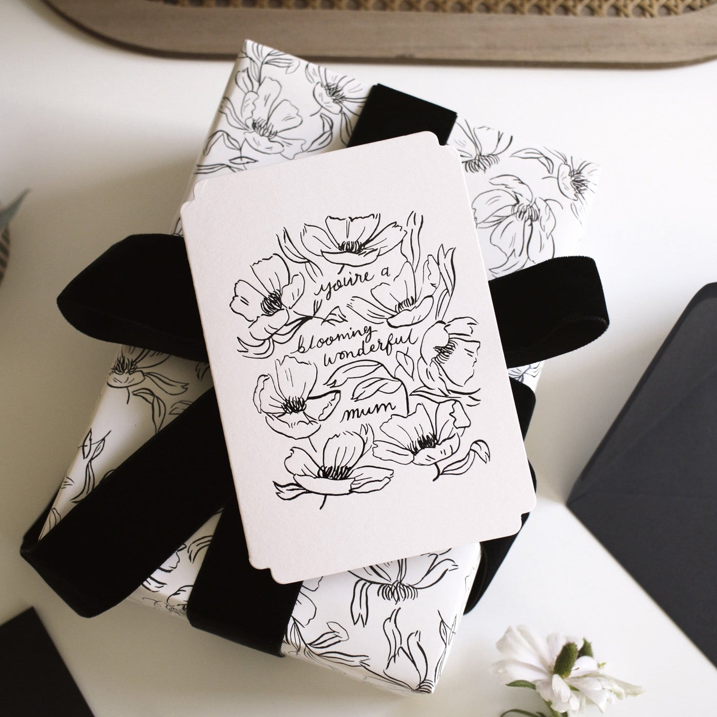 Black Floral Line Art Work A6 White Card  With The Words You're Blooming Wonderful Mum Coupled With A Black Envelope - Annie Dornan Smith