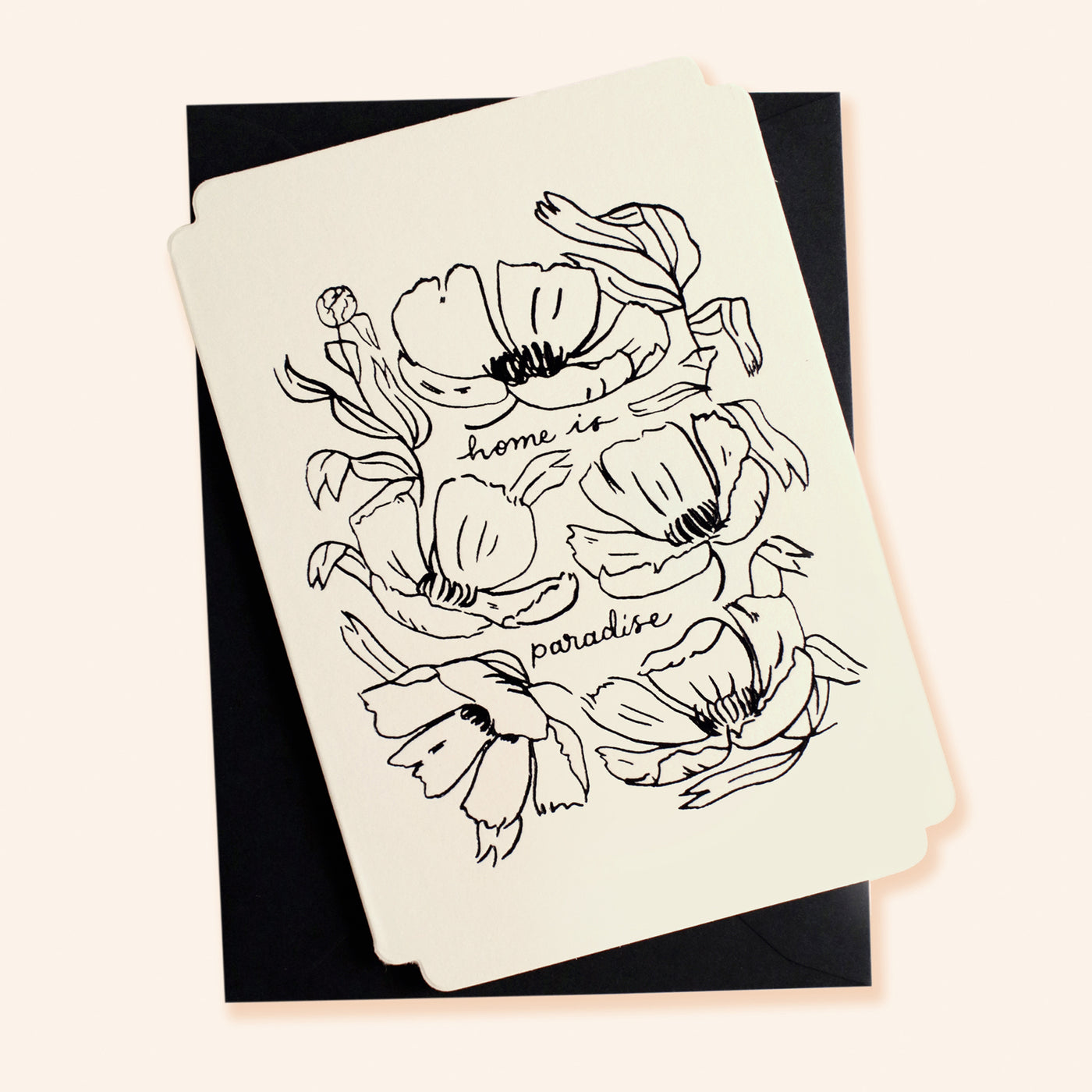 Black Floral Line Art Work A6 White Card  With The Words Home Is Paradise Coupled With A Black Envelope - Annie Dornan Smith