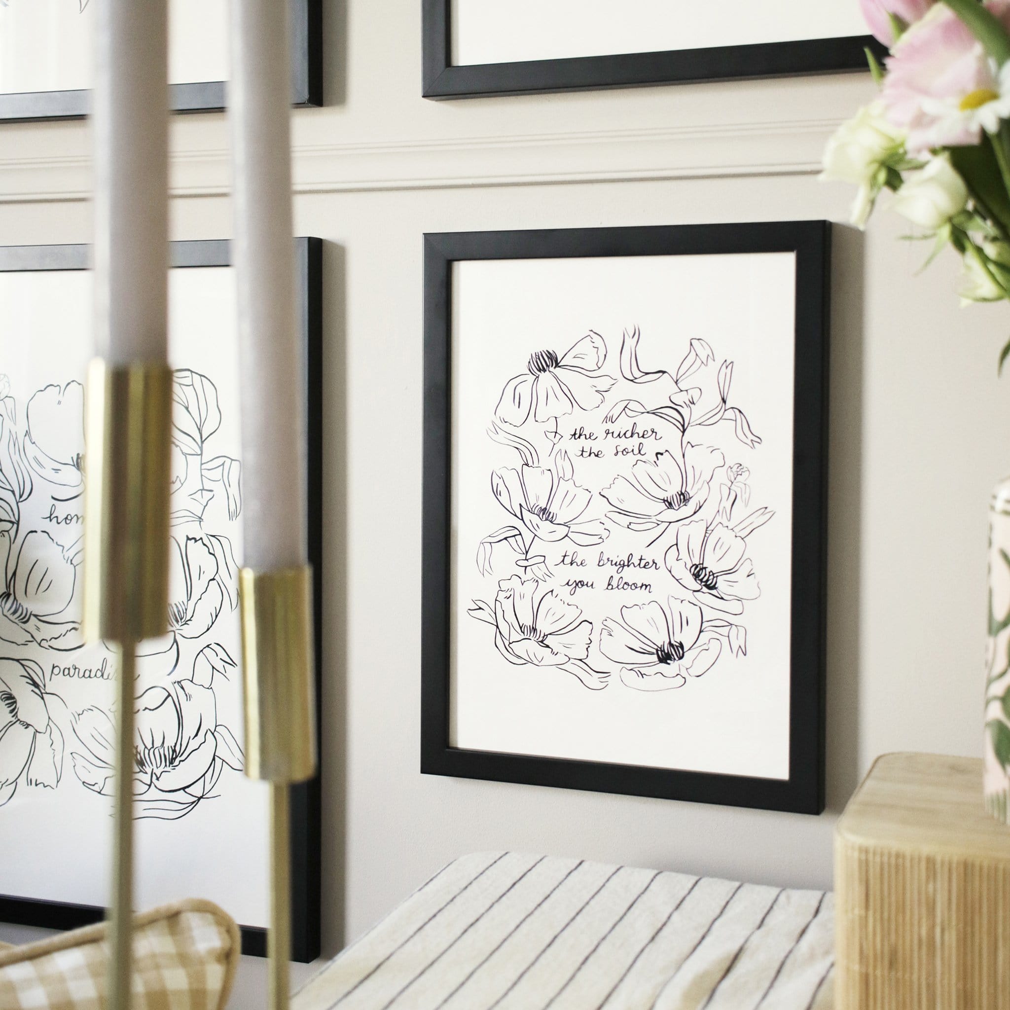 Black Line Floral Art Print The Richer The Soil The Brighter You Bloom In Black Frame - Annie Dornan Smith