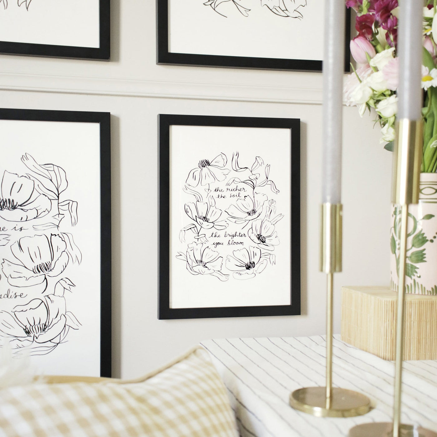 Black Line Floral Art Print The Richer The Soil The Brighter You Bloom In Black Frame Hanging On The Wall - Annie Dornan Smith