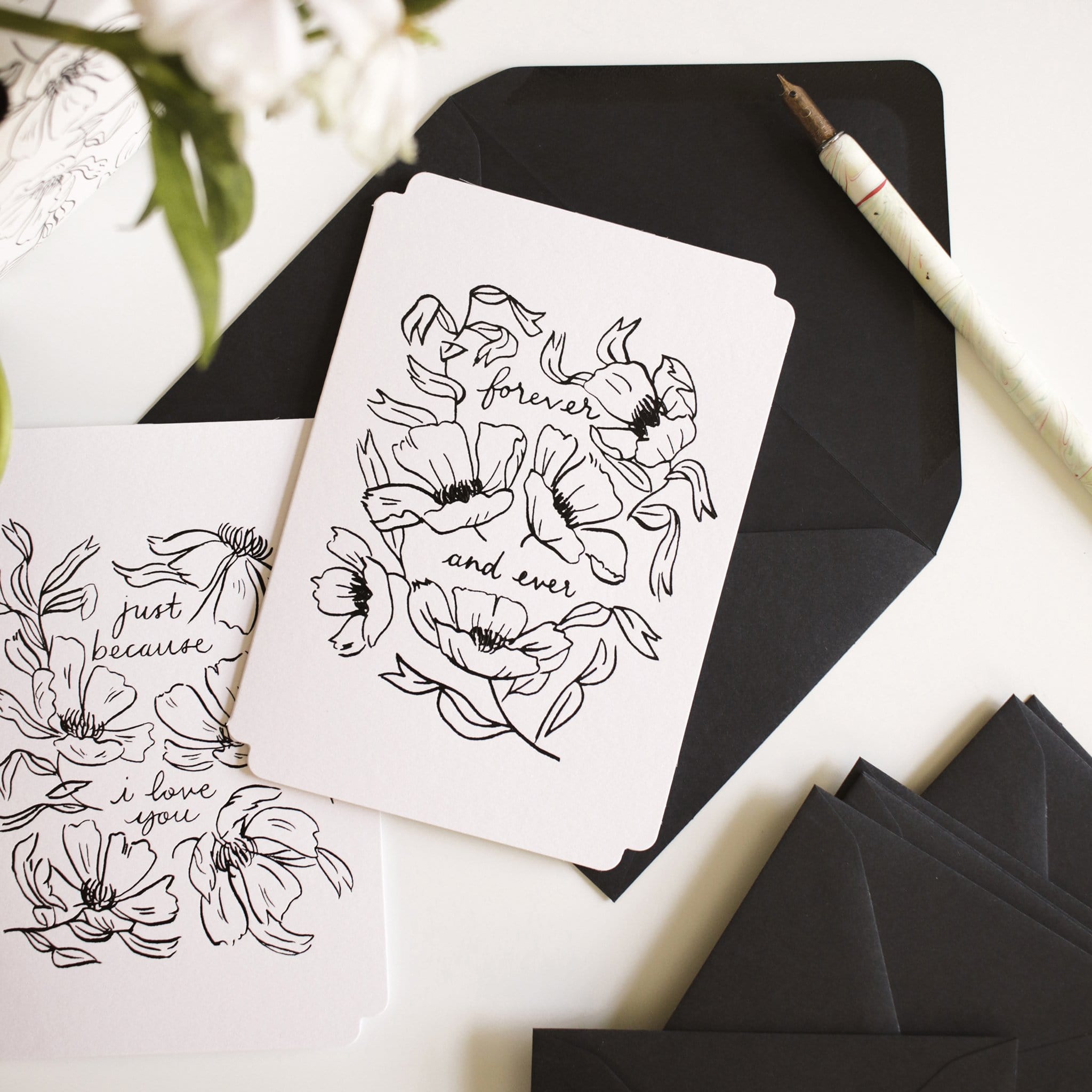 Black Floral Line Art Work A6 White Card  With The Words Forever And Ever Coupled With A Black Envelope - Annie Dornan Smith