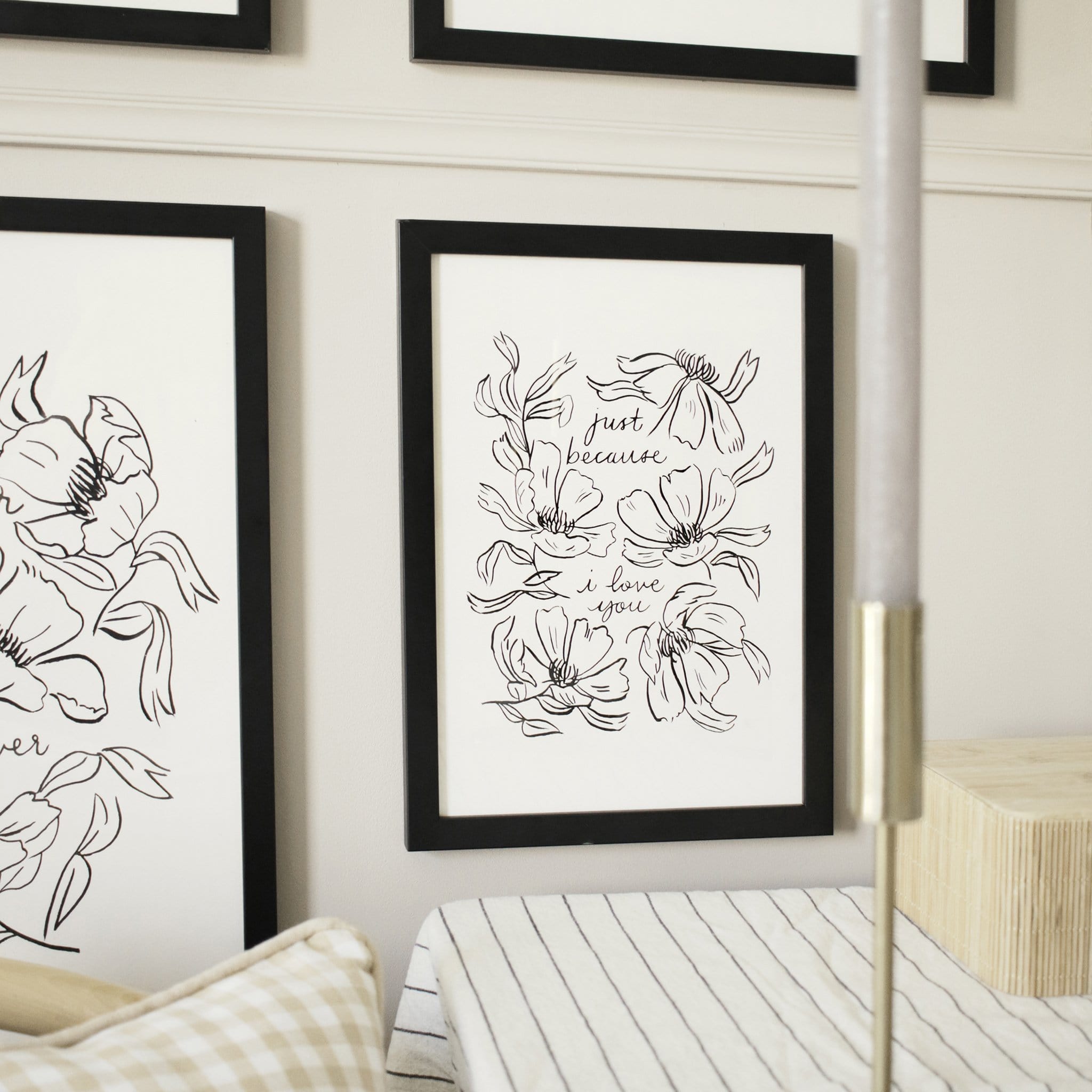 Black Line Floral Art Print Just Because I Love You In A Black Frame  - Annie Dornan Smith