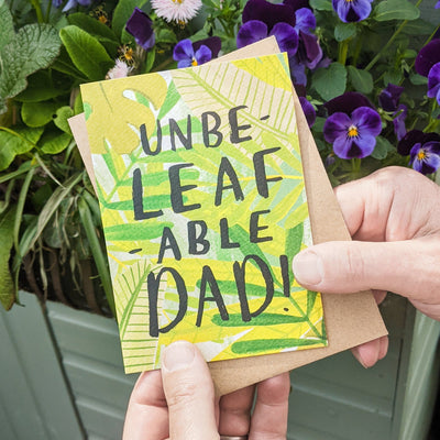 Leaf Illustration Unbelievable Dad A6 Card  With Kraft Envelope  In Front Of Purple Flowers - Annie Dornan Smith