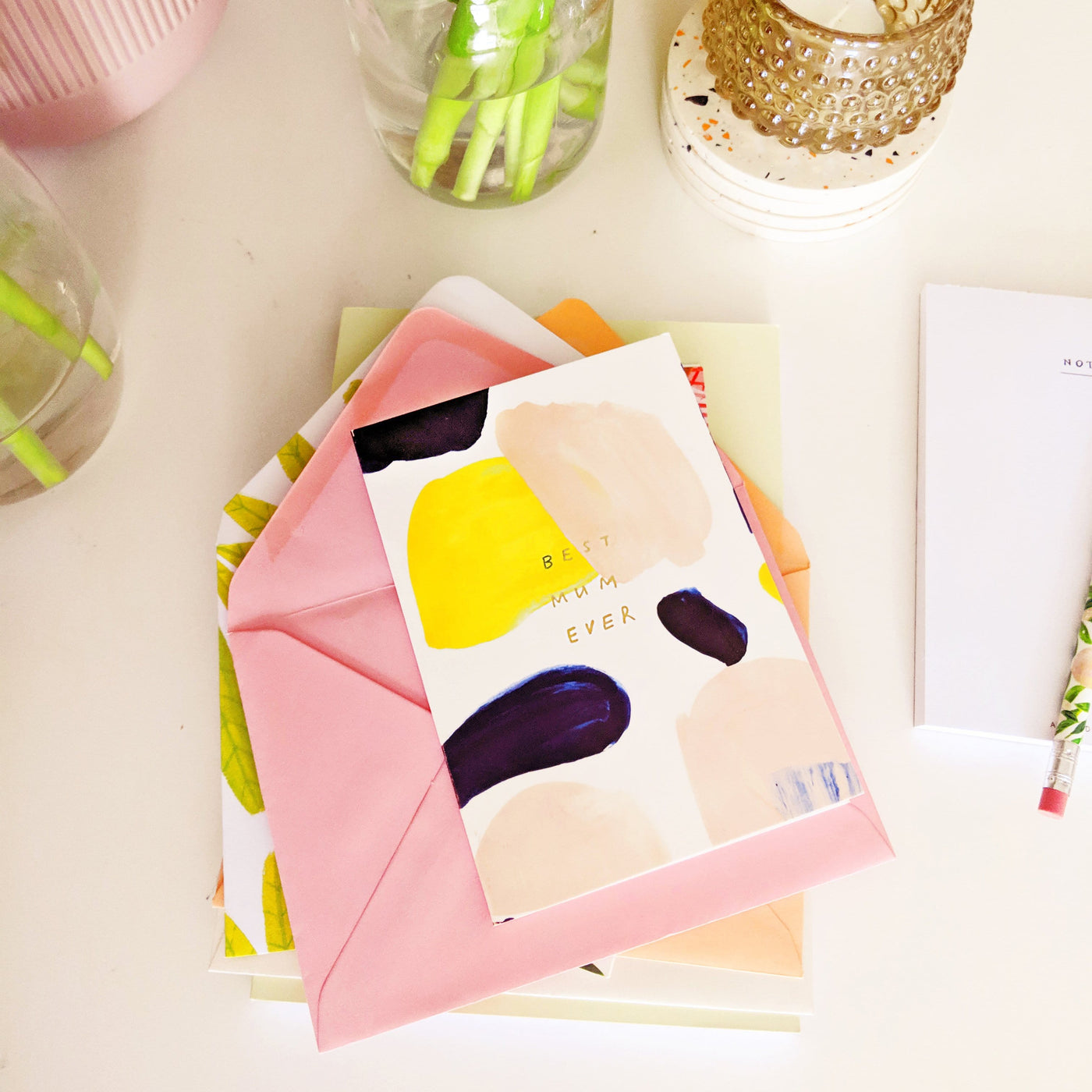 Paint Swatches In Pink Black And Yellow In An Abstract Design A6 White Card Coupled With Pink Envelope Reading Best Mum Ever - Annie Dornan Smith