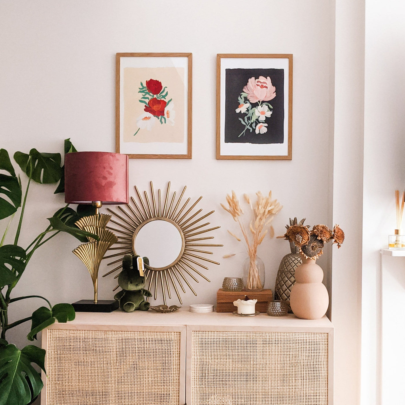 A3 Floral Print With Red and White Cosmos Flowers In An Oak Frame  -  Annie Dornan-Smith