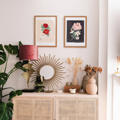 A3 Floral Print With Red and White Cosmos Flowers In An Oak Frame  -  Annie Dornan-Smith