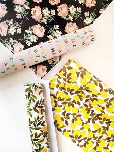 Illustrated Lemon and Green Leaf Wrapping Paper With Other Wrapping Paper Designs - Annie Dornan Smith
