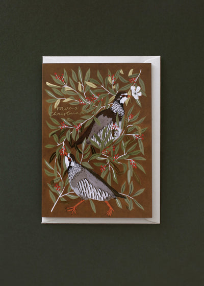 illustrated partridge merry christmas card  with recycled envelope