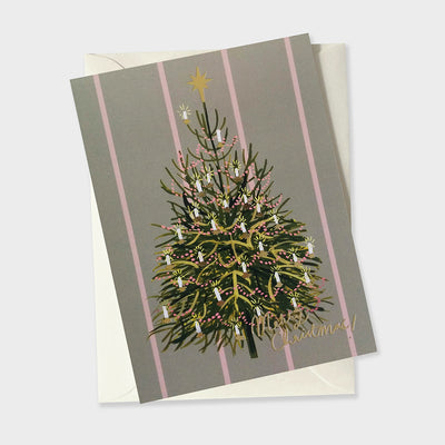 illustrated Christmas tree greetings card with pink pinstripe and cream envelope