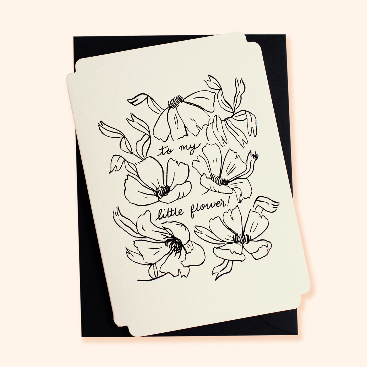 Black Floral Line Art Work A6 White Card With The Words To My Little Flowers With A Black Envelope - Annie Dornan Smith