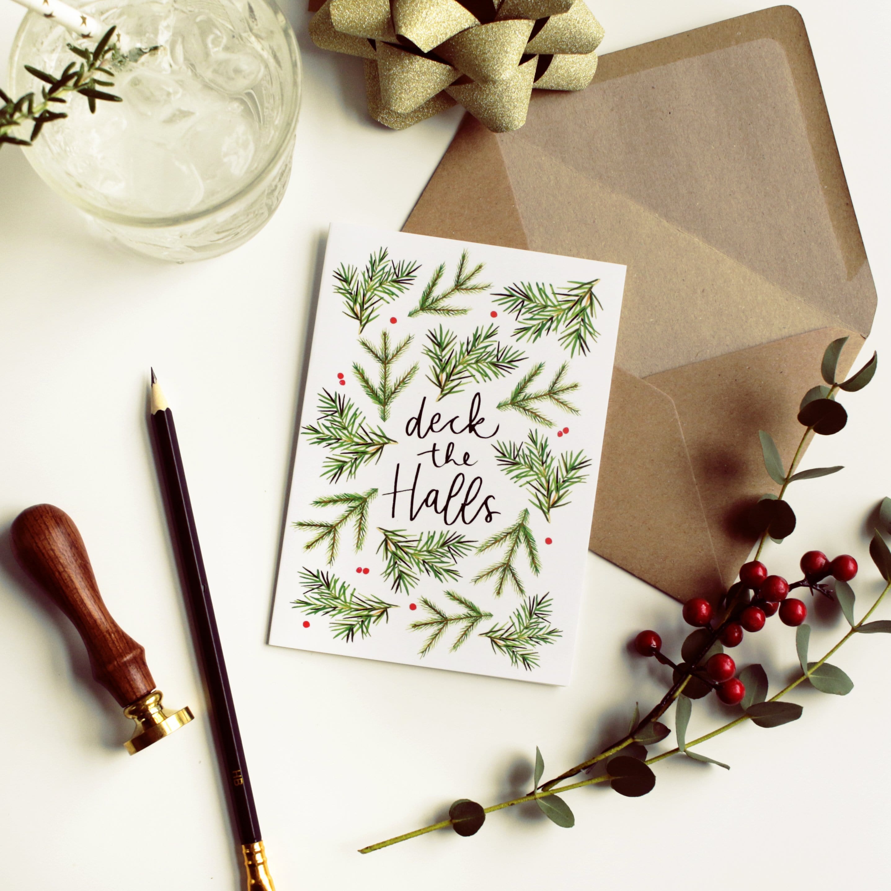 Illustrated Foliage Deck The Halls Christmas Card  With Kraft Envelope - Annie Dornan Smith