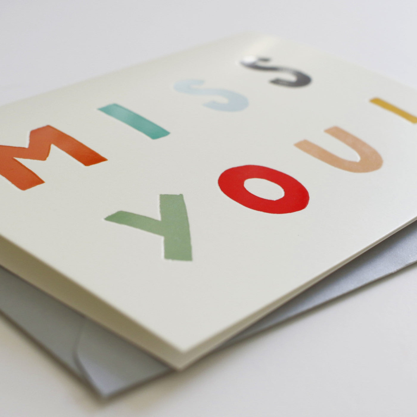A Hand Lettered Rainbow Typography Card Which Reads Miss You With Pale Grey Envelope - Annie Dornan Smith