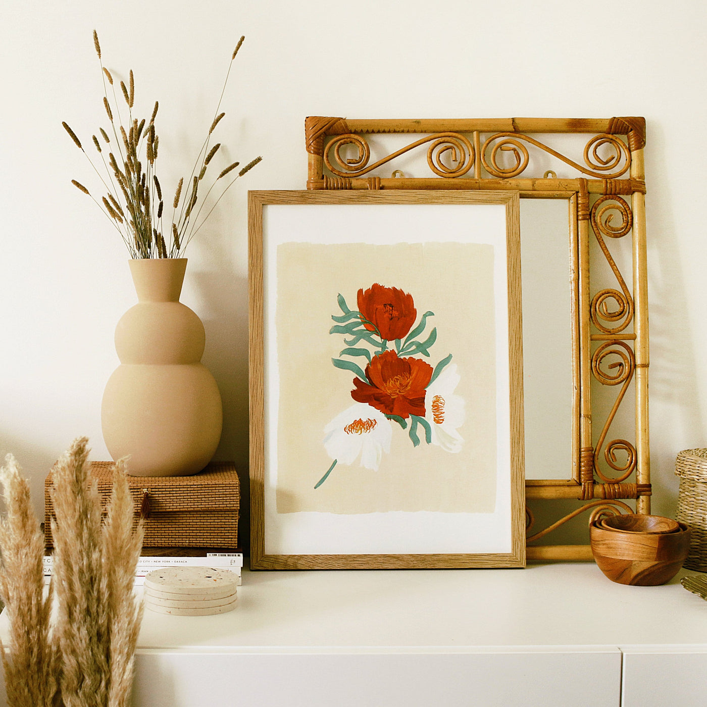 A3 Floral Print With Red and White Cosmos Flowers In An Oak Frame -  Annie Dornan-Smith