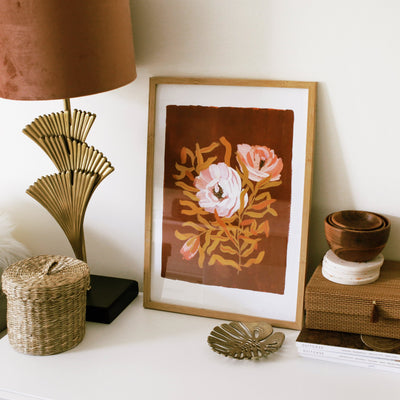 Brown Floral Botanical Art Print With English Tea Roses In Oak Frame - Annie Dornan Smith