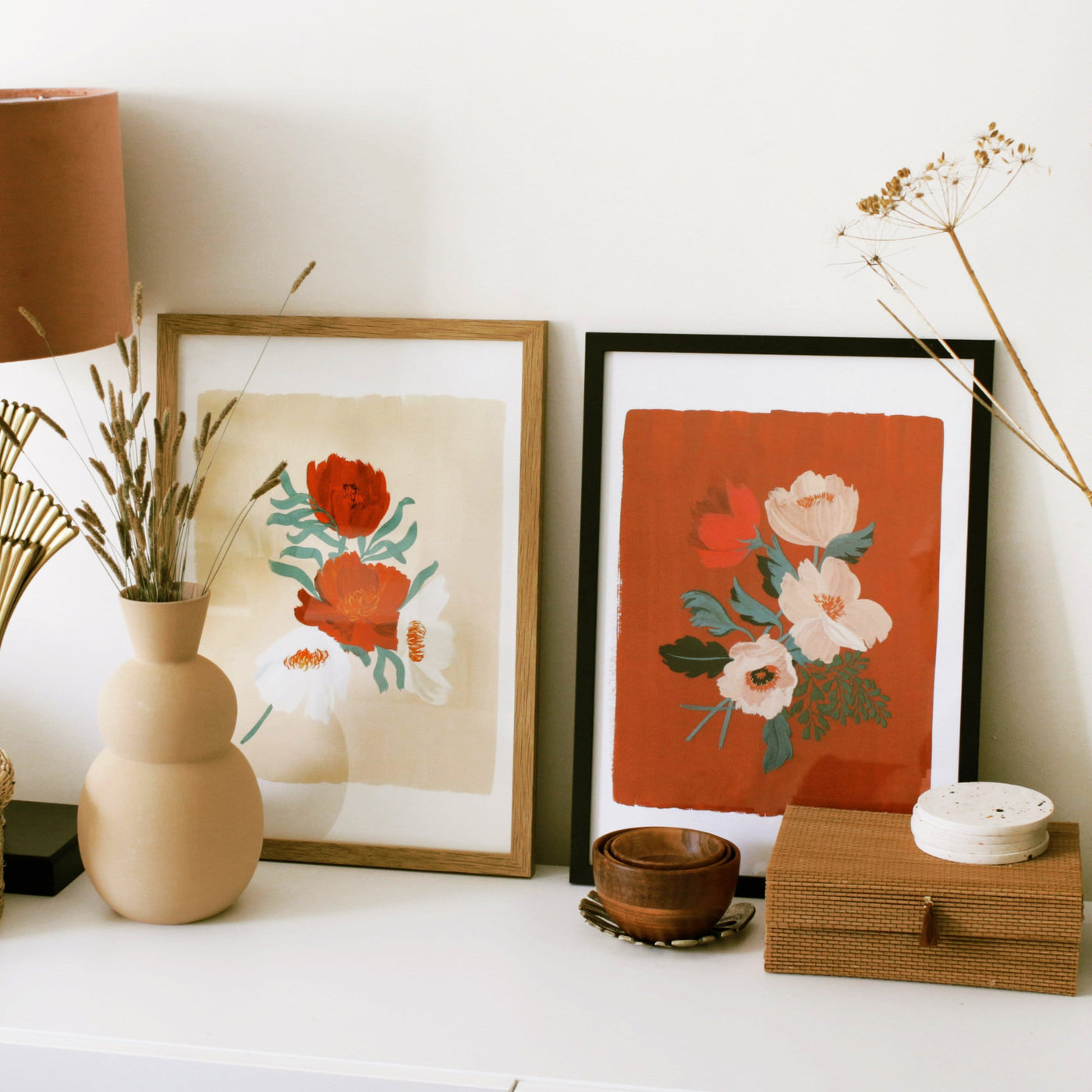 A3 Floral Print With Red and White Cosmos Flowers In An Oak Frame -  Annie Dornan-Smith