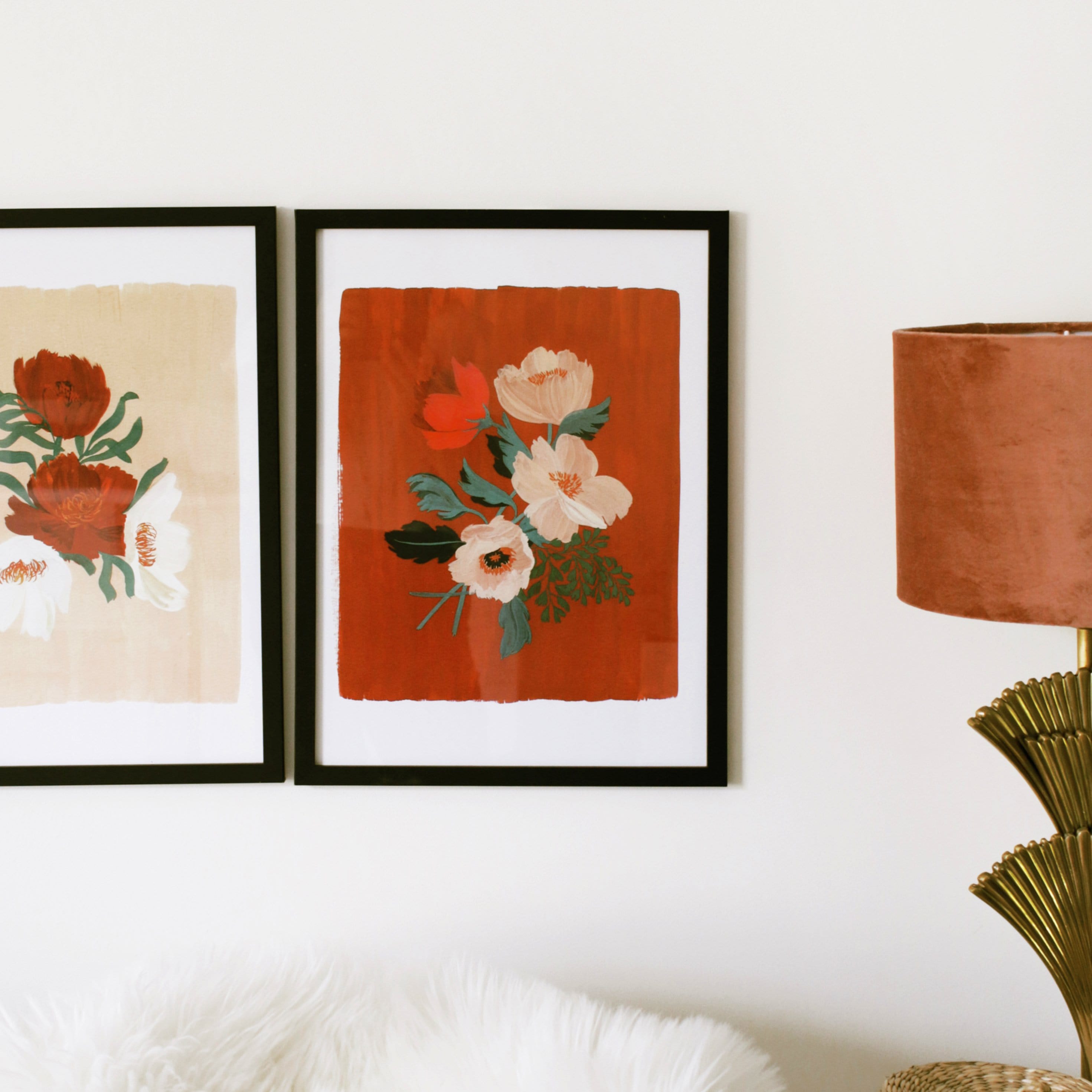 Red Floral Botanical Giclee Print Anemone Flowers On A Deep Red Background In A Black Frame Hanging On The Wall - Annie Dornan Smith