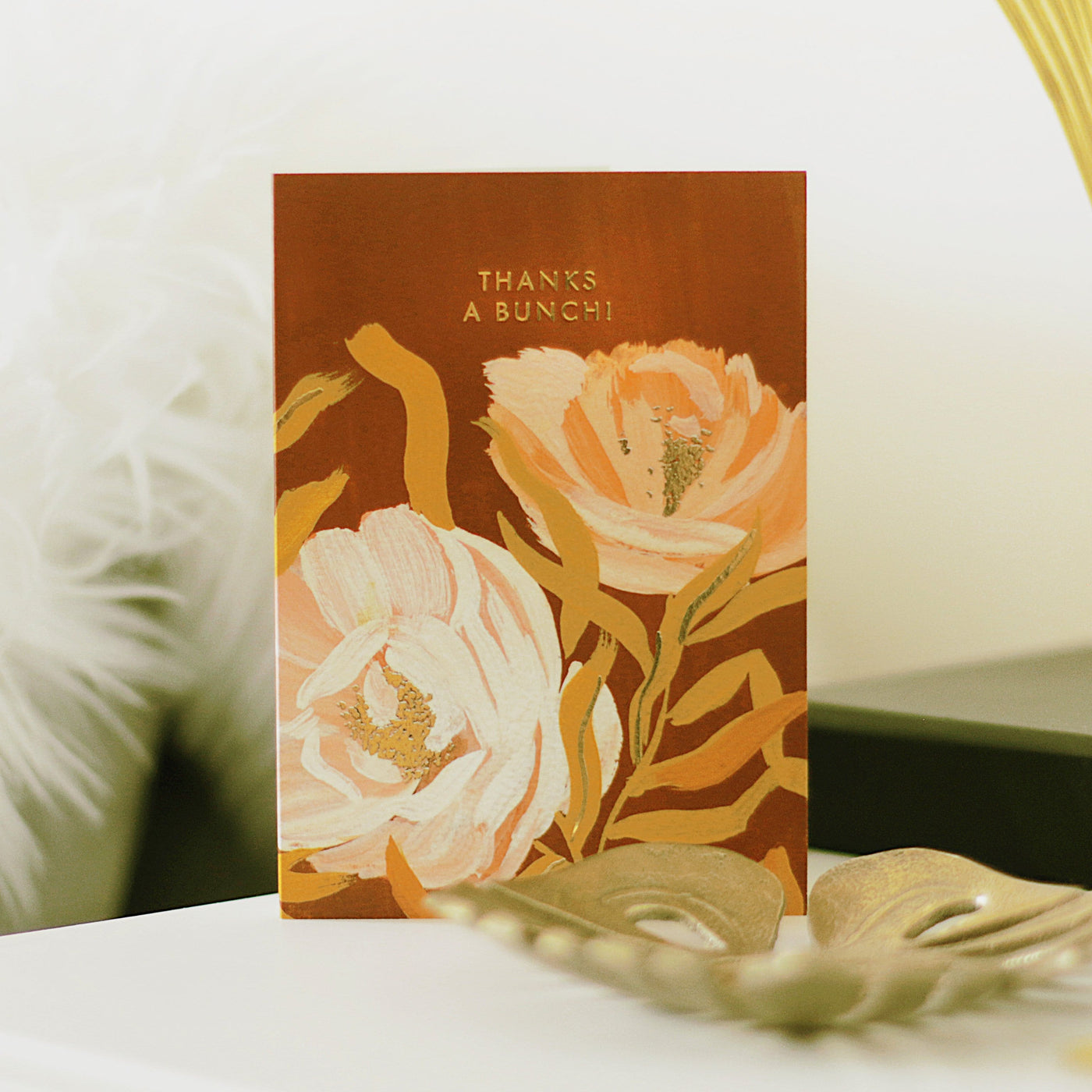 Illustrated Rich Red Floral Card With White Pink And Yellow Flowers And Gold Thanks A Bunch Lettering - Annie Dornan Smith