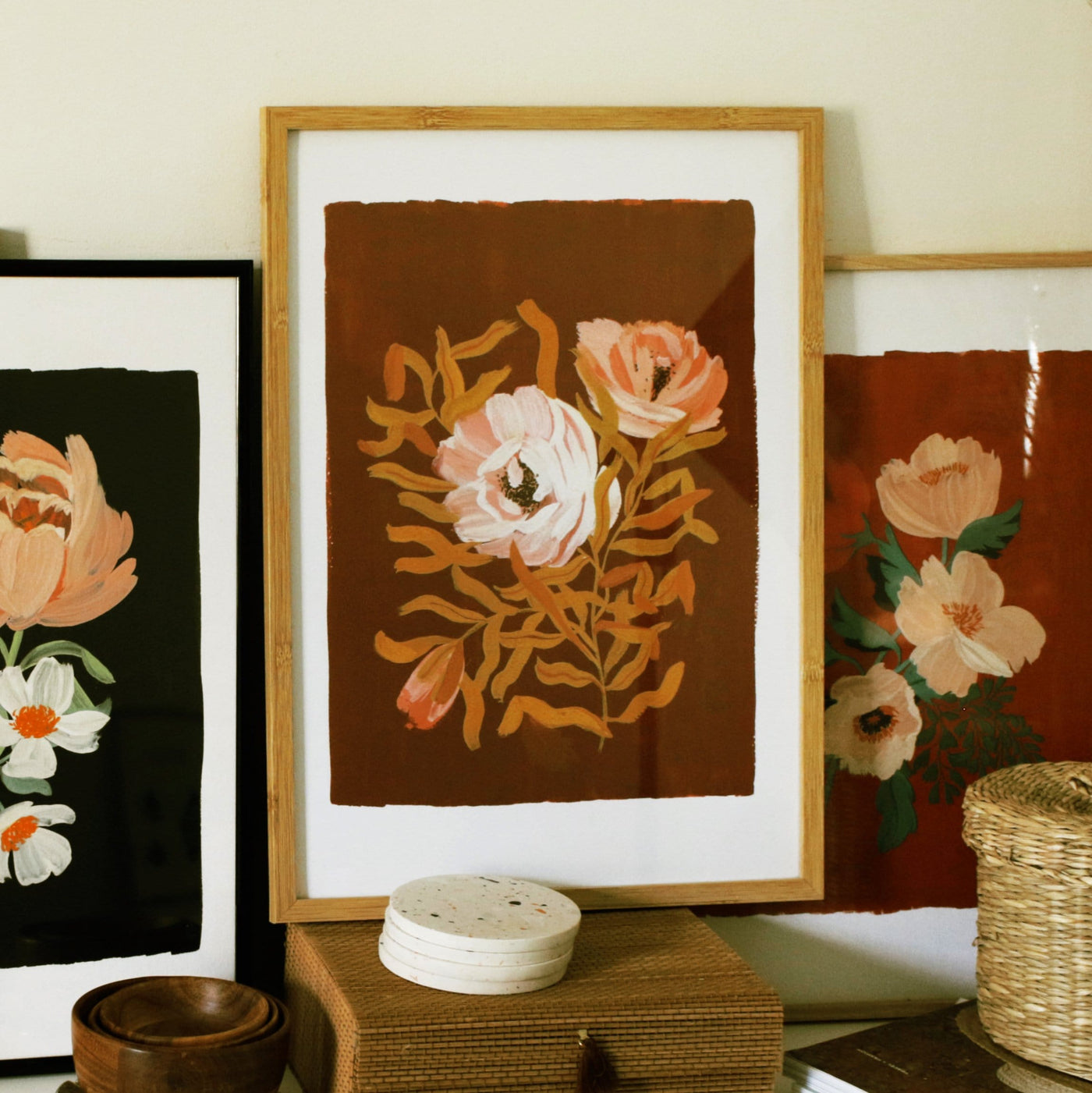 Brown Floral Botanical Giclee Print Sith English Tea Roses In Oak Frame - Annie Dornan Smith