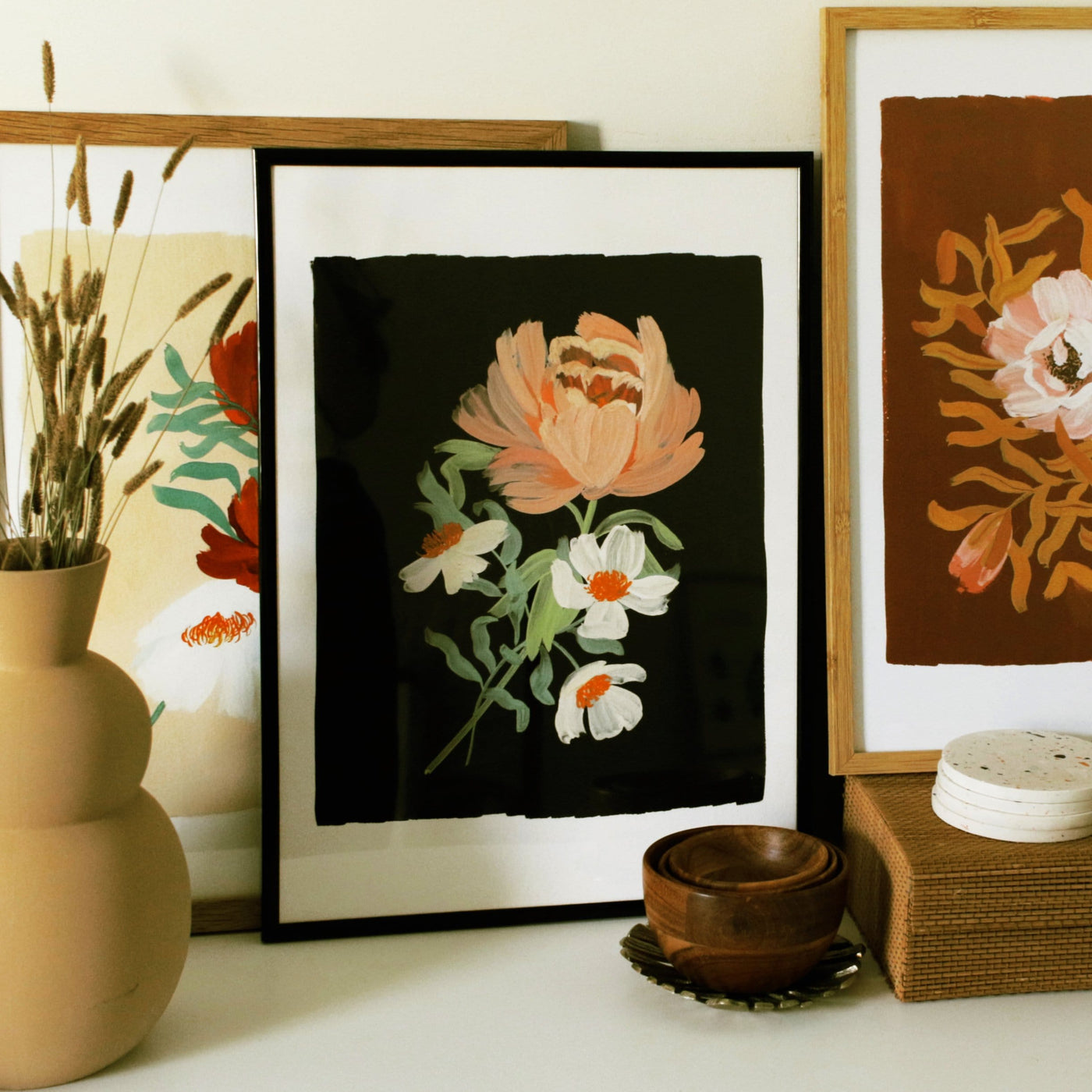 Pink and Black Peony Flower Giclee Print - Annie Dornan Smith