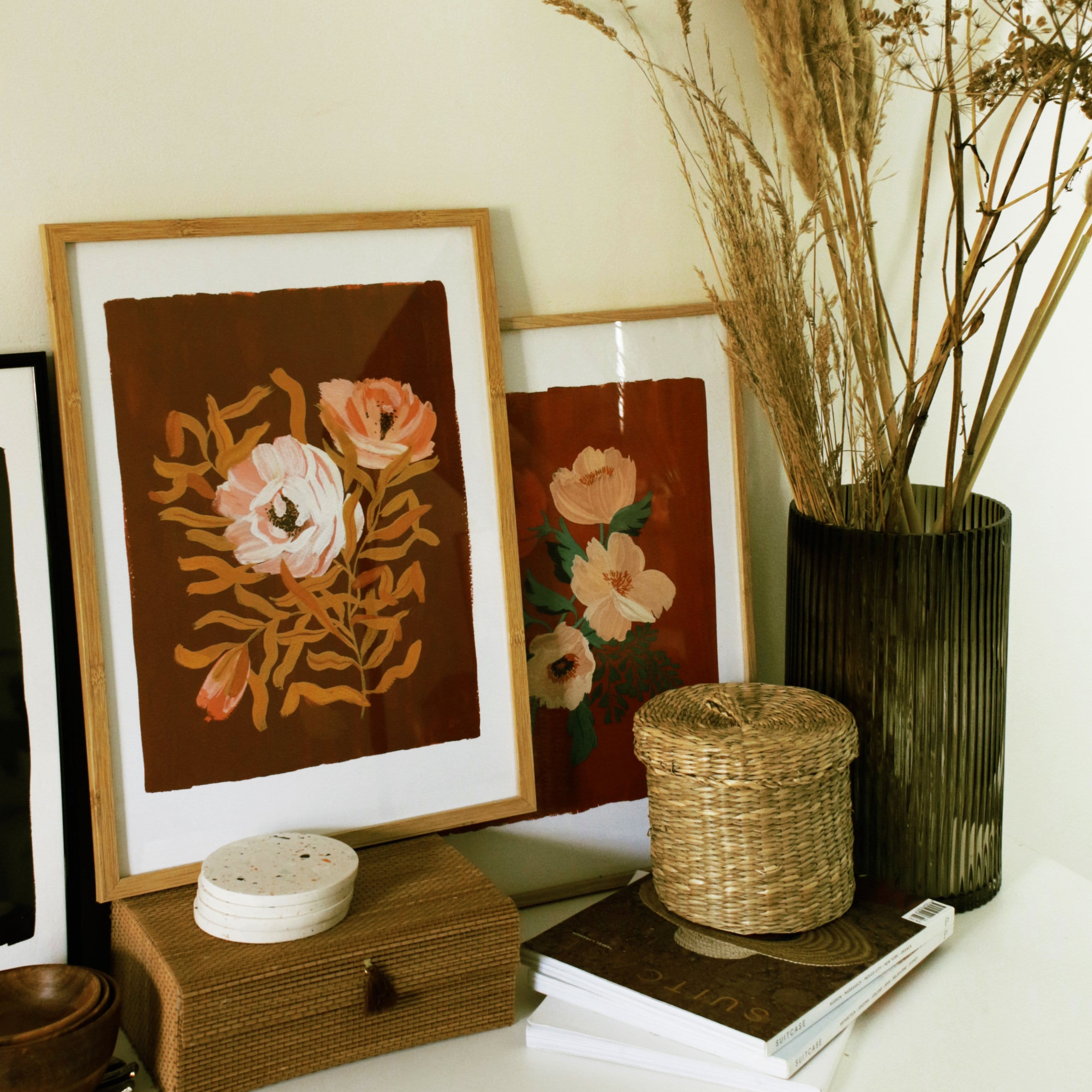 Red Floral Botanical Giclee Print Anemone Flowers On A Deep Red Background In An Oak Frame - Annie Dornan Smith