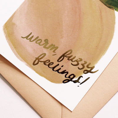 Illustrated Peach A6 Card With Warm Fuzzy Feelings In Gold With A Peach Envelope - Annie Dornan Smith