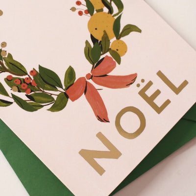 Illustrated Christmas Wreath A6 White Card With Gold Noel Lettering With Green Envelope - Annie Dornan Smith