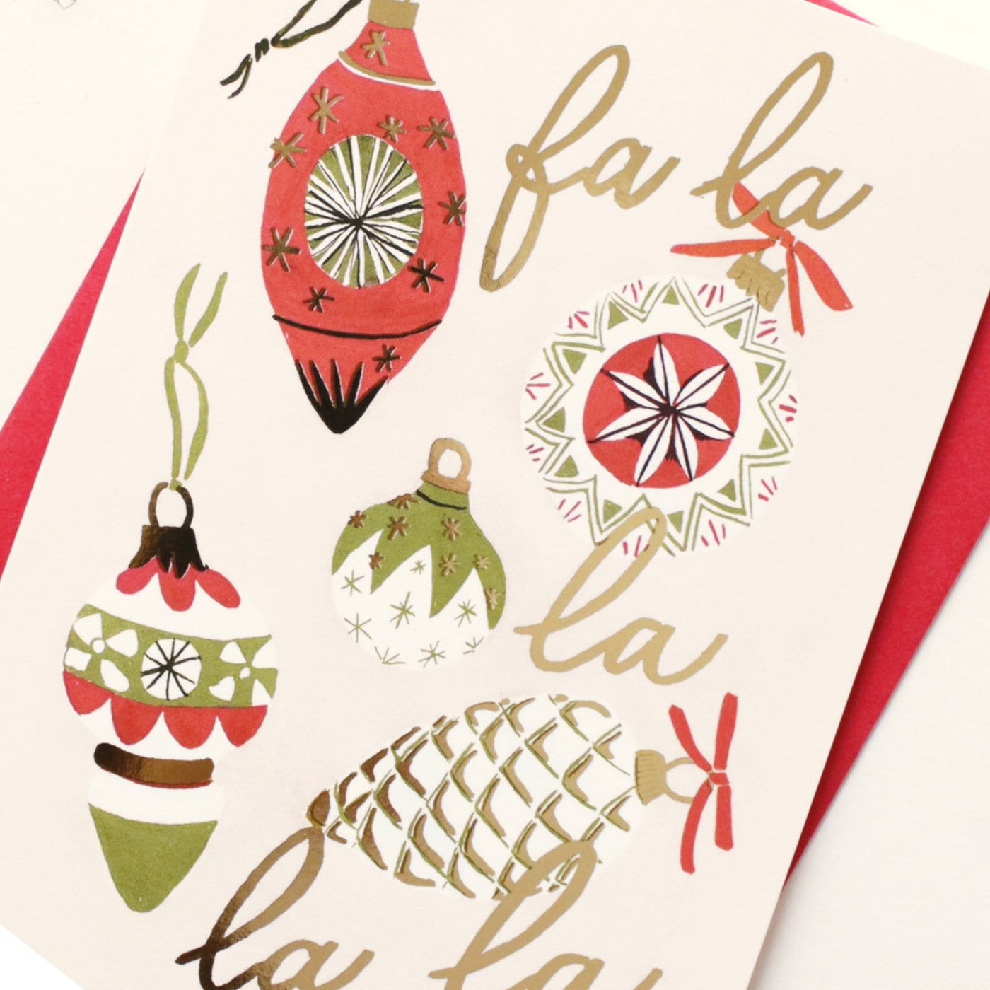 Illustrated Vintage Bauble Christmas Card With Fa La La La La In Gold With Matching Red Envelope - Annie Dornan Smith