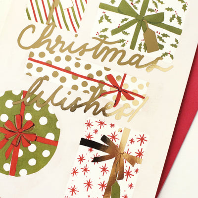Illustrated Christmas Present A6 Card With Christmas Wishes In Gold Lettering With Red Envelope - Annie Dornan Smith