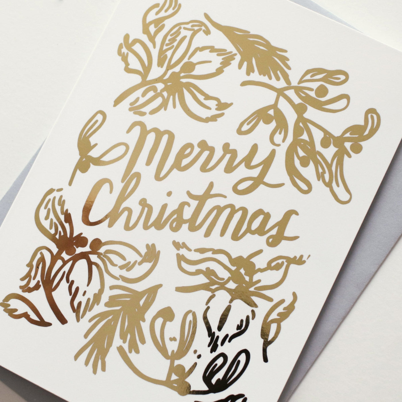 Gold Foiled Mistletoe And Merry Christmas A6 White Car With Grey Envelope - Annie Dornan Smith