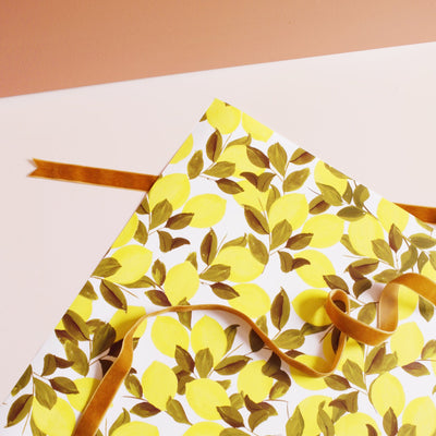 Illustrated Lemon and Green Leaf Wrapping Paper With Orange Ribbon - Annie Dornan Smith