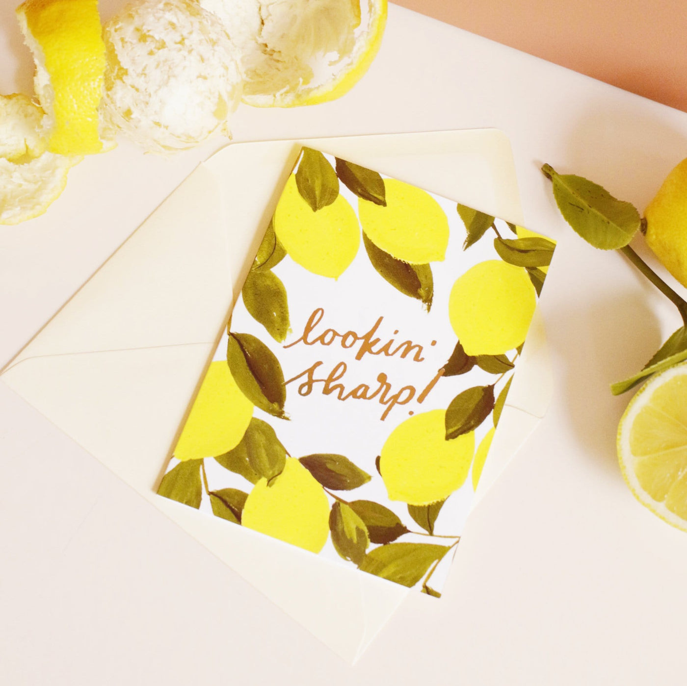 Illustrated Lemon and Green Leaf A6 Card With Looking Sharp In Gold Lettering With Pale Yellow Envelope With Real Lemons - Annie Dornan Smith