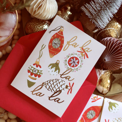 Illustrated Vintage Bauble Christmas Card With Fa La La La La In Gold With Matching Red Envelope - Annie Dornan Smith