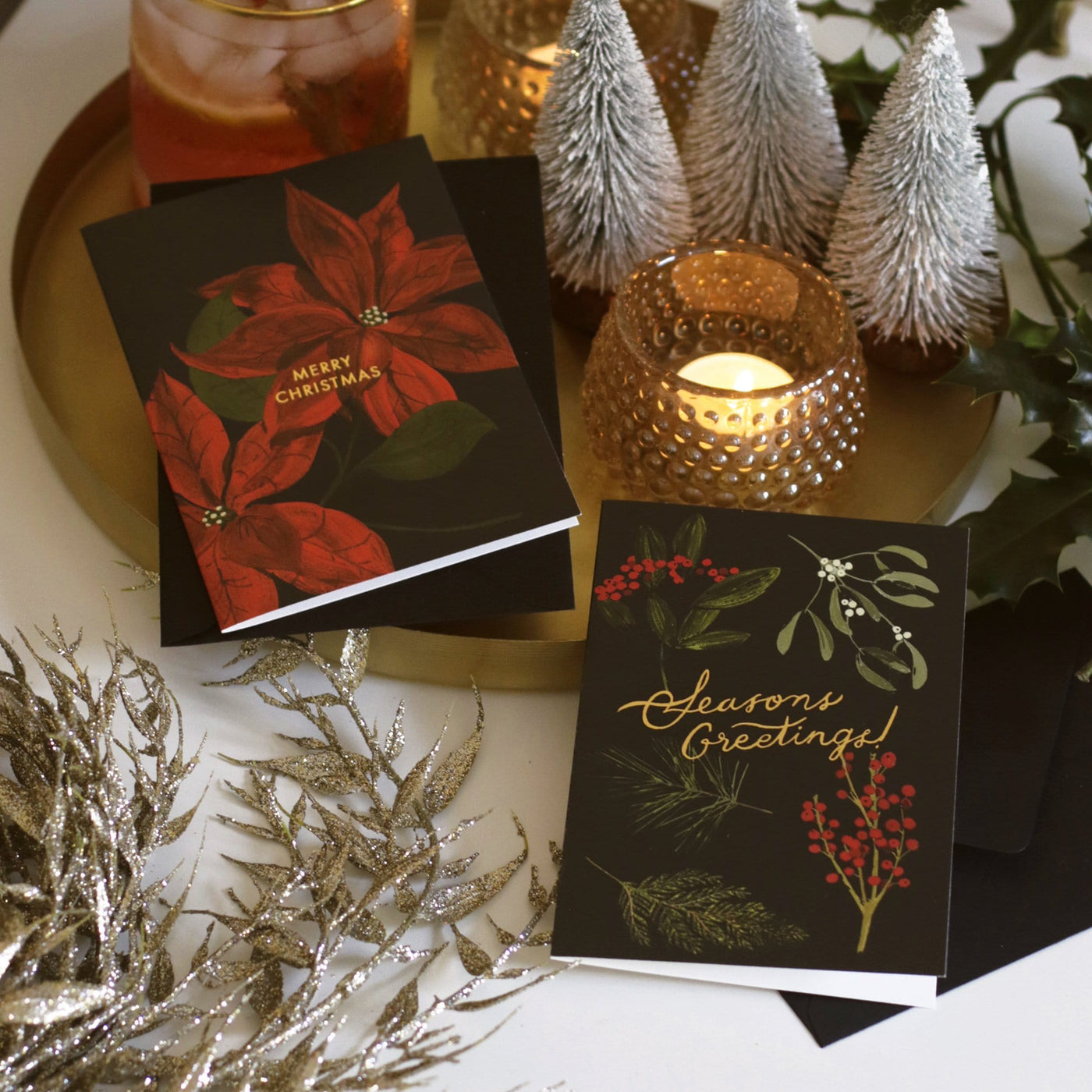 Red Poinsettia Illustration On A Black Merry Christmas Greetings A6 Card  With Black Envelope - Annie Dornan Smith
