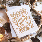 Gold Foiled Mistletoe Seasons Greetings A6 White Car With Grey Envelope - Annie Dornan Smith