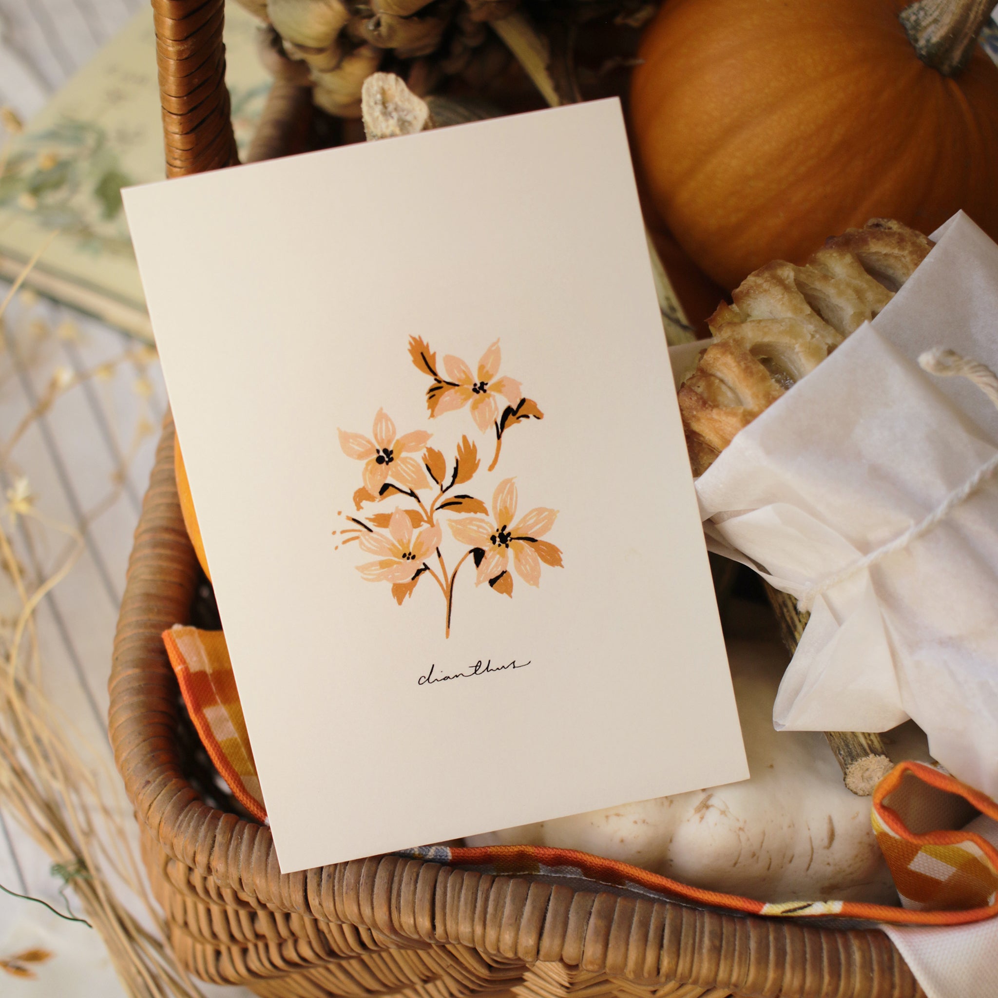 tucking the dianthus flower postcard into a gift basket