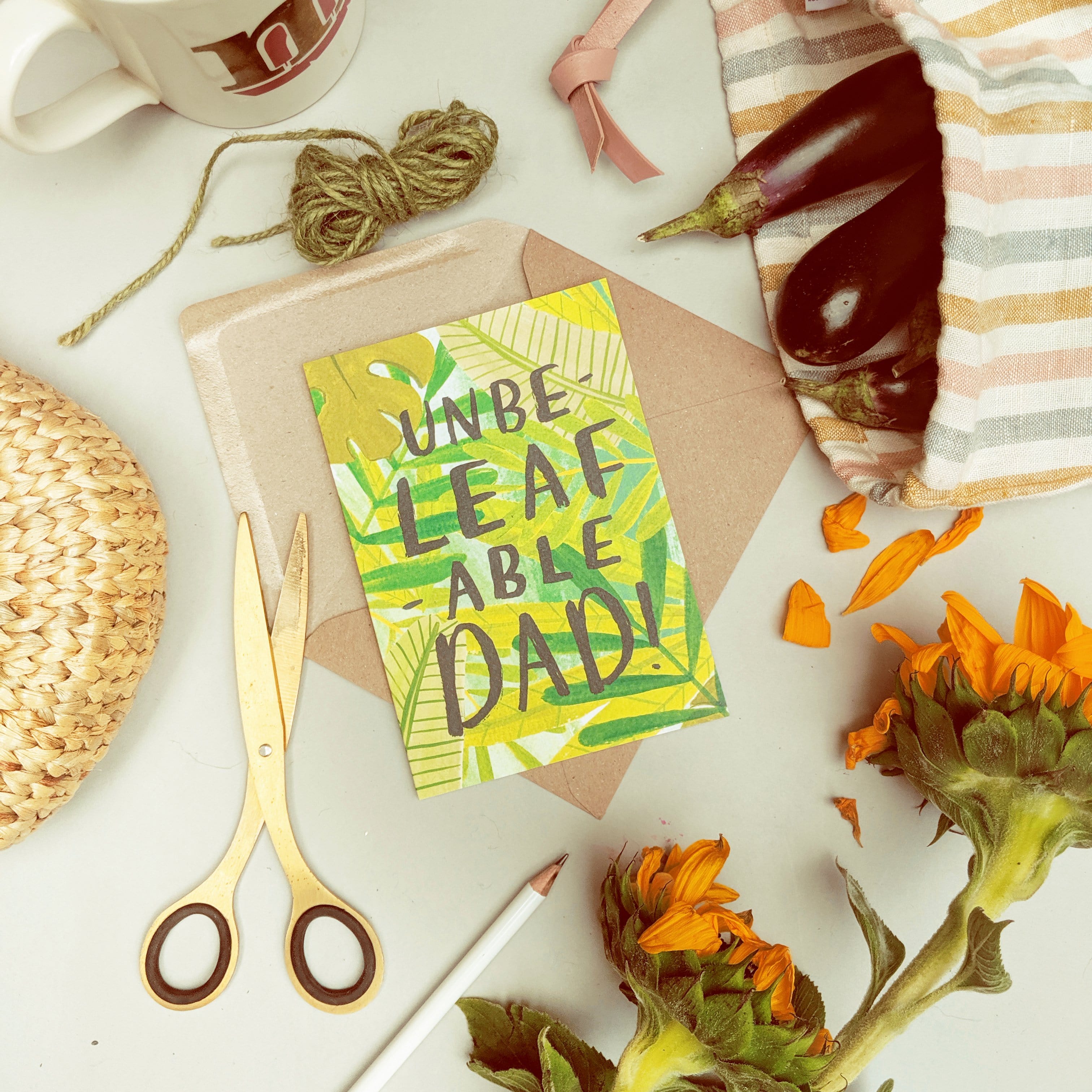 Leaf Illustration Unbelievable Dad A6 Card  With Kraft Envelope On Table With Flowers And Scissors - Annie Dornan Smith