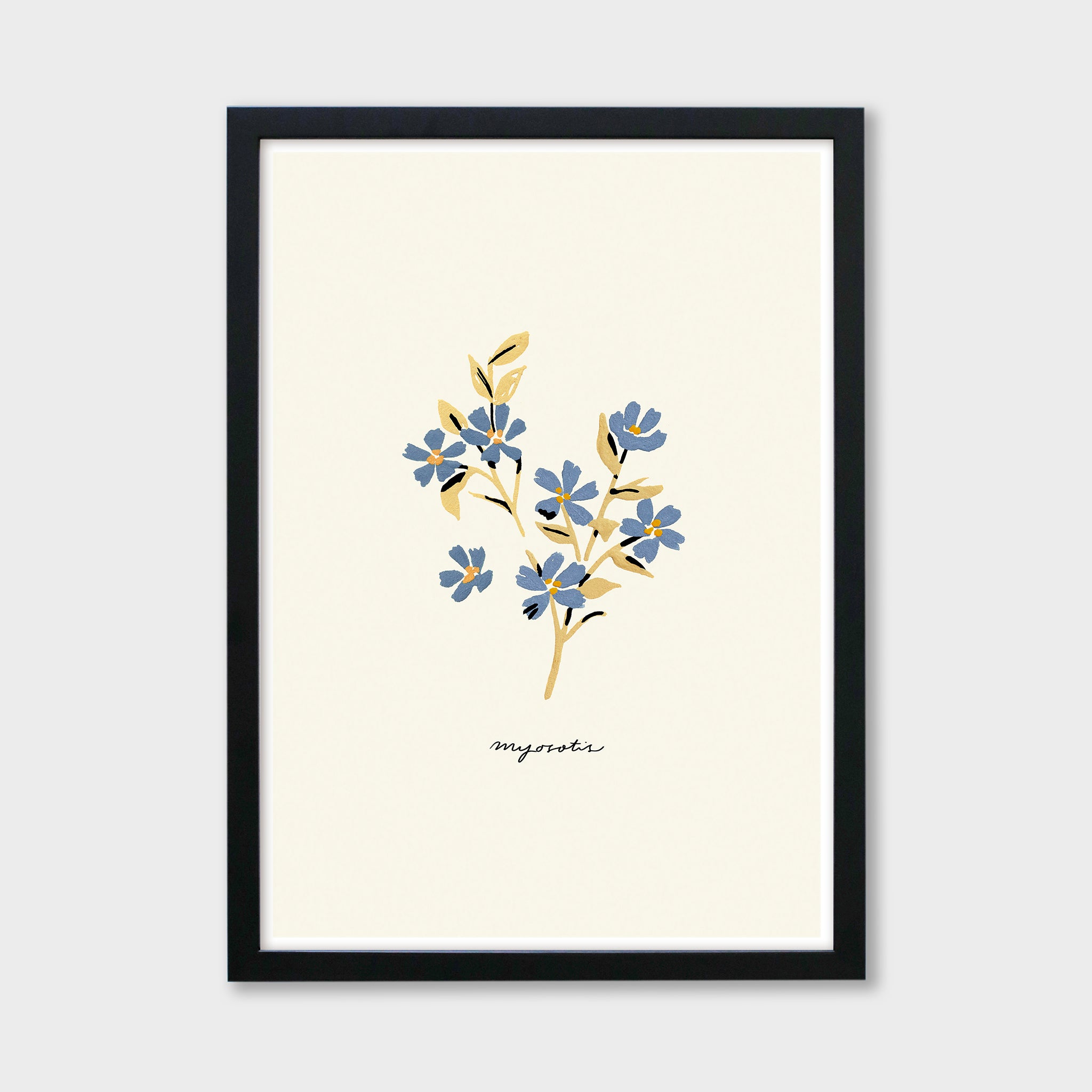 blue forget me not print in a black frame